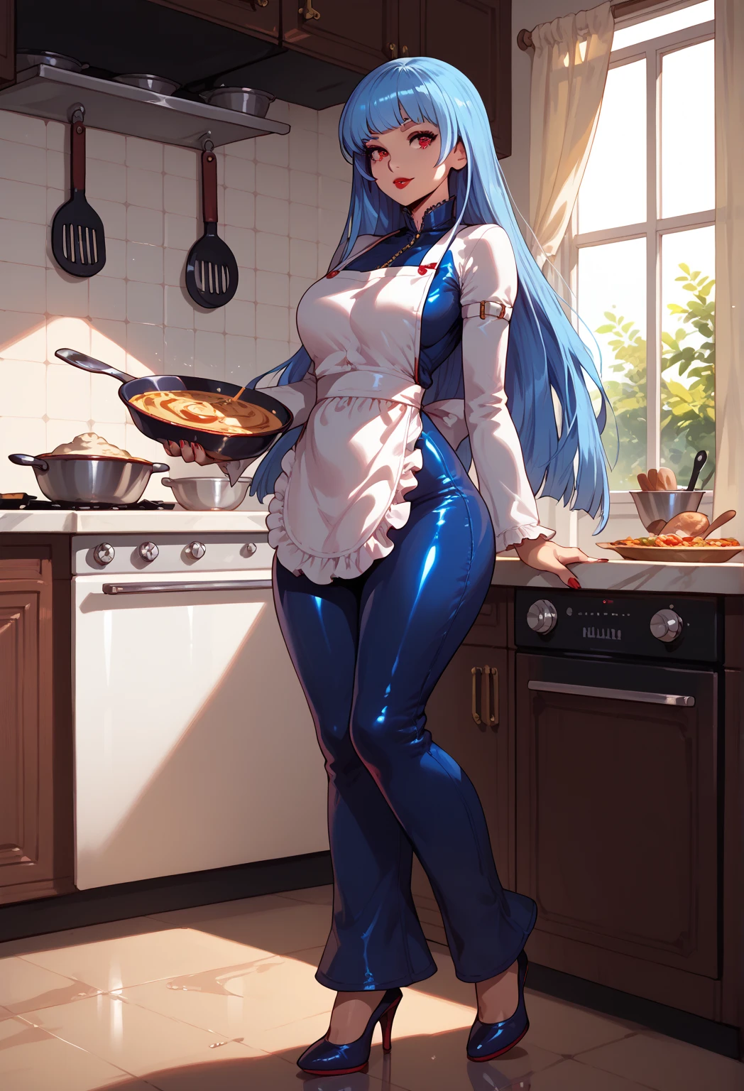 masterpiece, best quality, absurdres, perfect anatomy, 1girl, solo, Ferry, long hair, ((naked apron)), white apron, cowboy shot, contrapposto, dynamic pose, indoors, kitchen, smile, thighs, curvy, hands on hips, collarbone, clevage