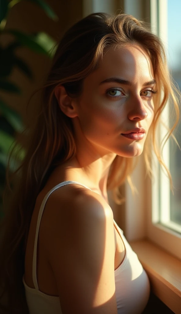 high angle kodachrome photo of a short office girl spreading legs open on a table in a bright office near panaramic window, full body nude, blush, super thick highlighted hair, big round eyes, short curly blonde hair, drammatic makup, arched back, French manicure, best quality, ultra high res, photorealistic, masterpiece, pure_eros_face, blemish, (acne:1.1), freckles, 135mm, nikkor, f2.8, bokeh, leather collar kink, drool, ball gag in mouth
