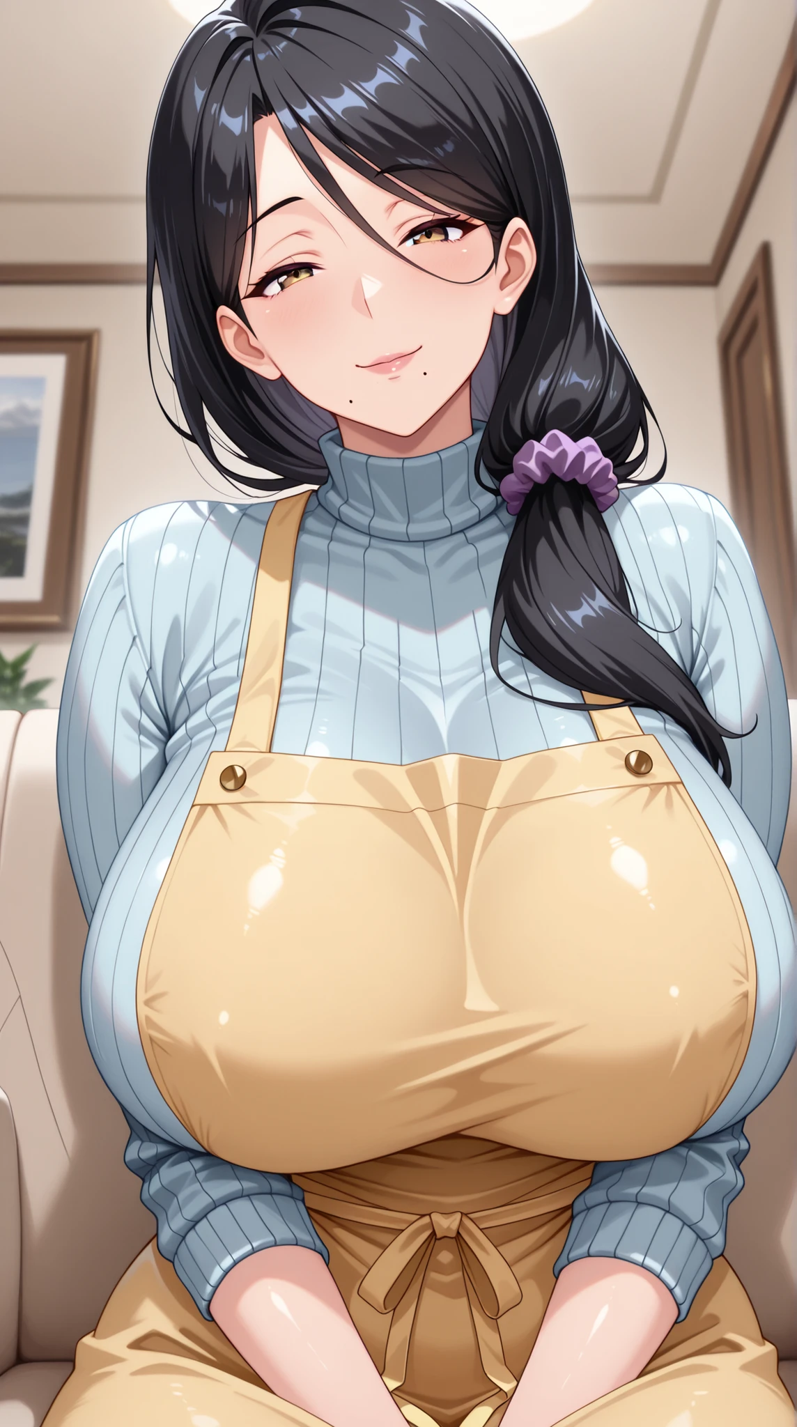 minamoto no raikou,1girl,solo,Mature Women,super huge breasts,slender,black knit long sleeves,breath,amorous glance,side of face,looking at viewer,near,standing up,house,in room