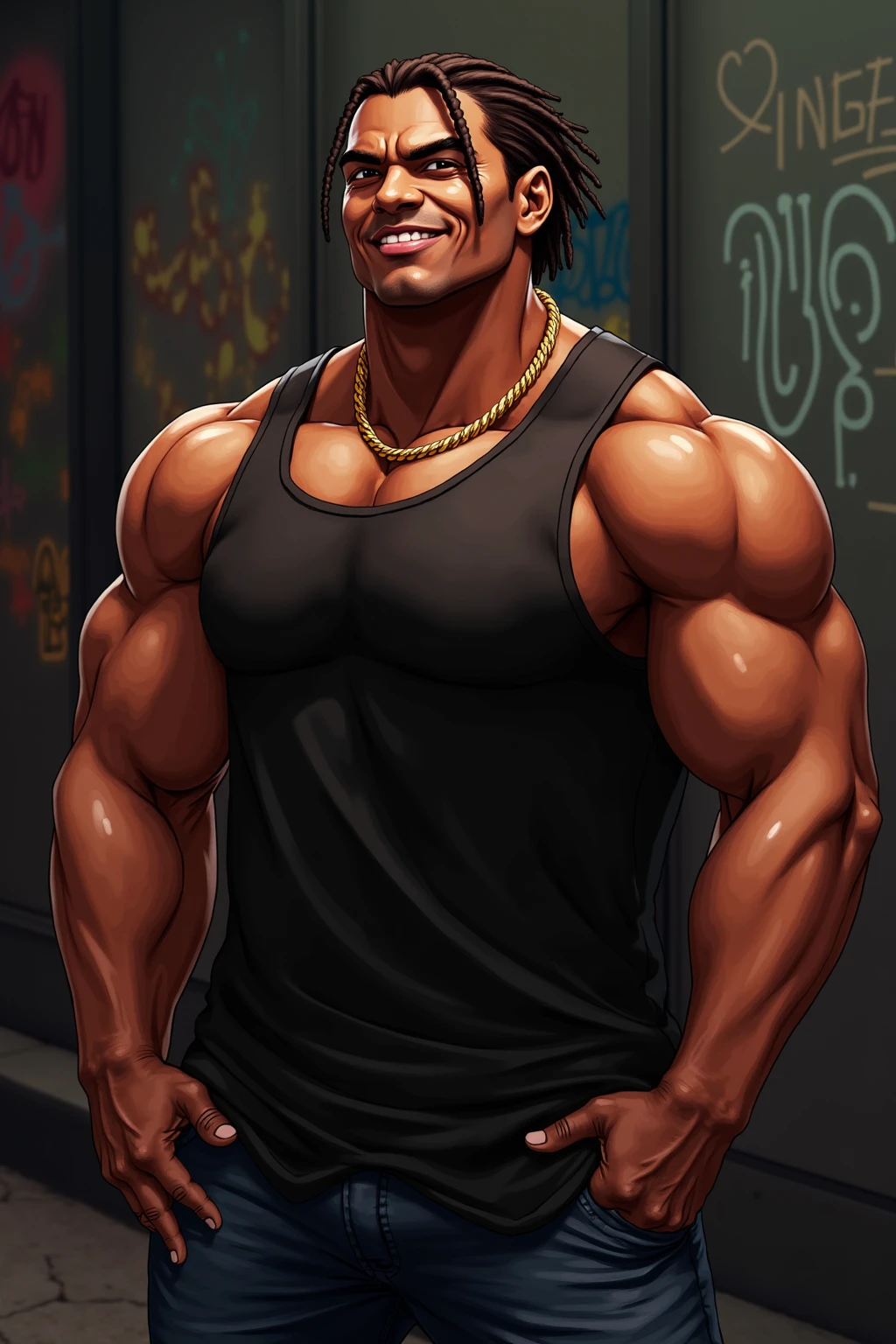 Big Muscular Black guy. Arm and Body tattoos. Black shorts. Black Skin, Shirtless