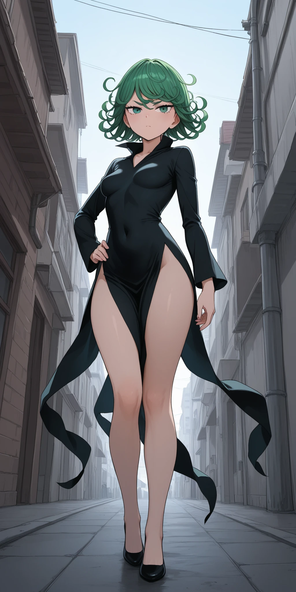Anime art style, Fubuki from one punch man, green hair, white skin, wearing V-neck dress, cinematic lights, blushing cheeks, smilling, ((Sexy girl named Emma), ((A very cute caucasian girl poses boldly on fashion stage), 1 girl, (milf), (long beautiful face), clear face, realistic face, detailed face, (( black grey fashion dress)), body covered dress, (( stylish fashion dress)), (( different types of fashion dress)), ((((big breasts)))), no breasts, front view, looking at viewers, (((fashion dress))), (( stylish fashion dress)), waist curve pose, (8k, RAW photo, top quality, masterpiece), (Realistic, photorealistic: 1.9), ((Full body shot)), stylish pose, (Highly detailed skin: 1.2), Photos, masterpieces, top quality, crowd background, men around her, crowd area, (beautiful blue eyes, gorgeous pale grey black curly hair, white skin, thick body, lower abdomen bristles, perfect slim figure), various poses, ultra-detailed face, detailed eyes, a lot of people are looking at her with excitement, little close up