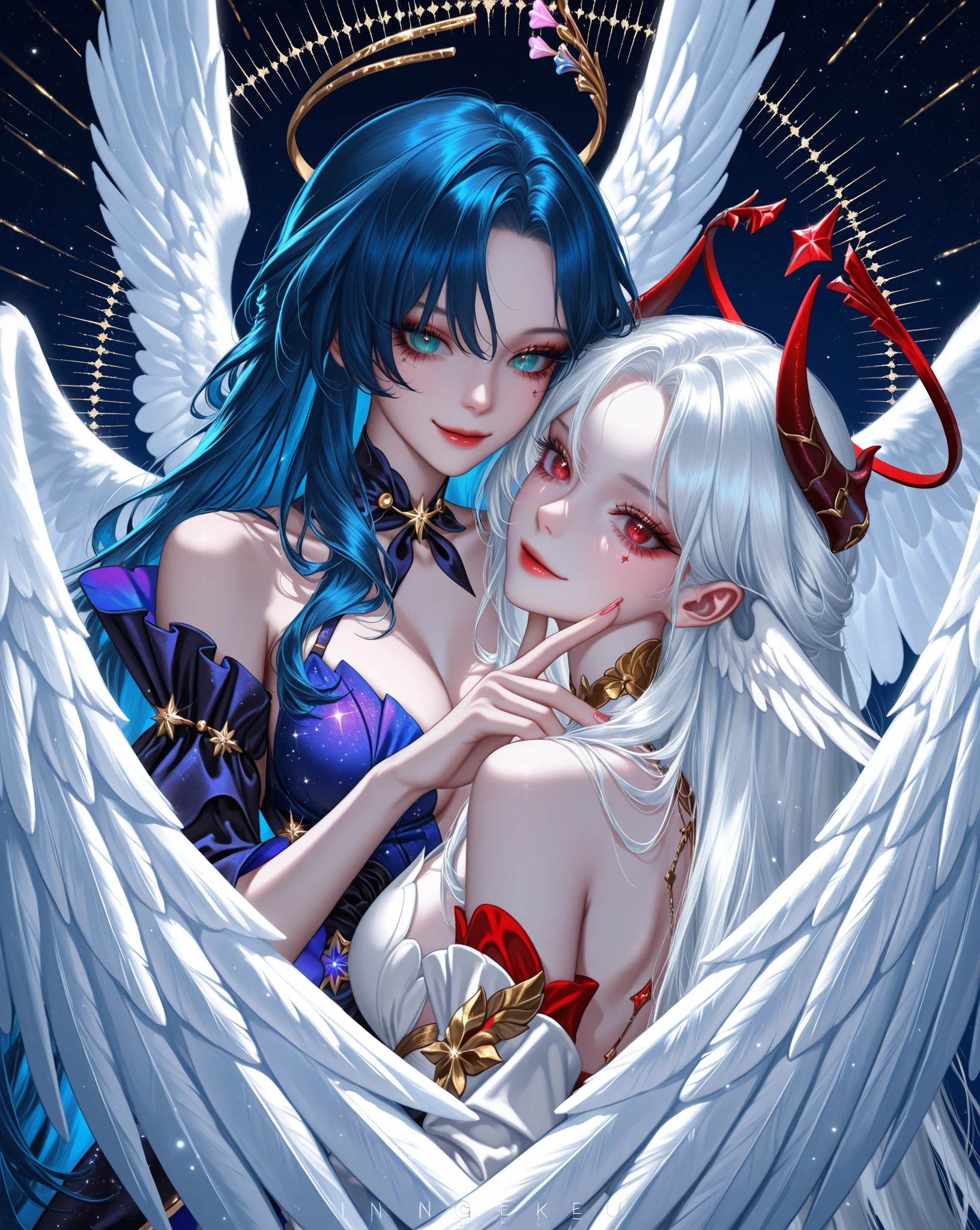 Beautiful angel holding a sword,Simple lines,Abstract Art,Holding a red long sword, (The artwork should transition from a black and white pencil style on the left half to bright colors on the right half, Ensure the two halves blend seamlessly,No dividing line. Detailed black and white pencil strokes are shown on the left,The fill color is shown on the right, Create a fusion of the entire image)