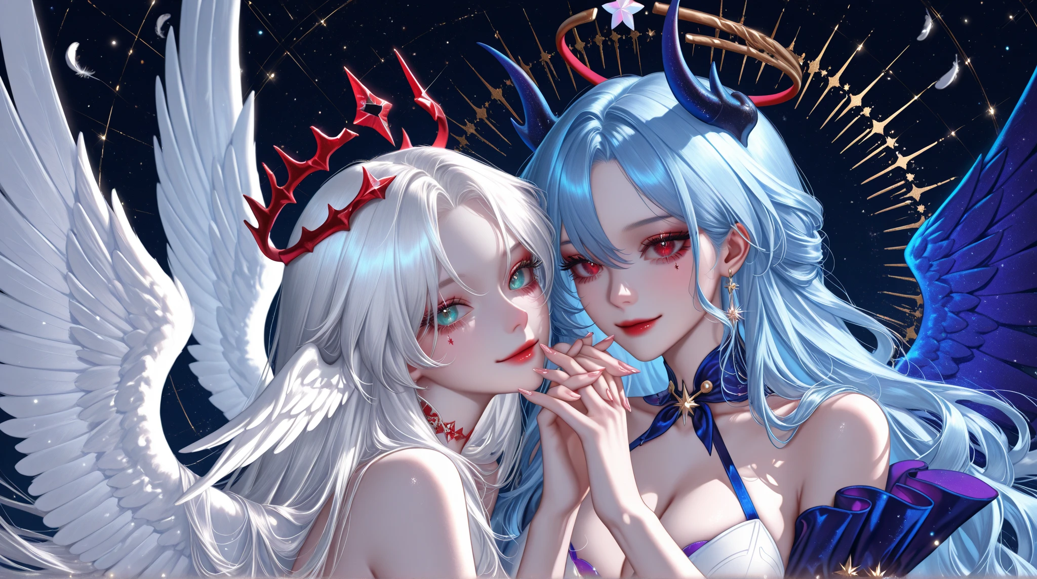 The lower body is a spider,The six spider legs are purple,The upper body is a human girl,exquisite facial features,Silver long hair hair,With a black blindfold,The blindfold has a white-gold ring of sun flame and purple eyes entangled in thorns,Hands holding purple crosses,In the middle of the cross is a ring of runes and a dark nebula