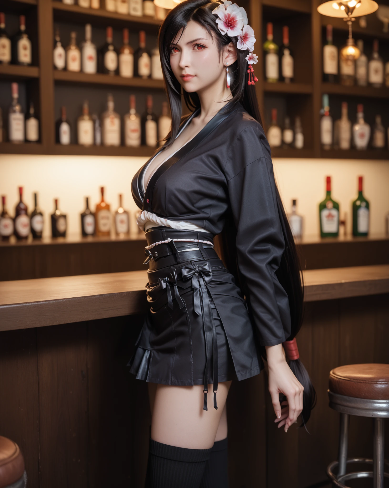 "Kasumi", with a sensual and seductive ninja style. She must be wearing a long, white kimono with a delicate floral print and a plunging neckline. Your obi (waist sash) should be shiny black silk with a gold band. Your sandals should be made of traditional Japanese wood, with a moderate height and a blue color. She must be wearing a black leather vest, with a pouch on the side for hidden weapons. Your mask should be white and thin, showing only your eyes. Your hair should be loose and long, with light waves and a shiny black headband.