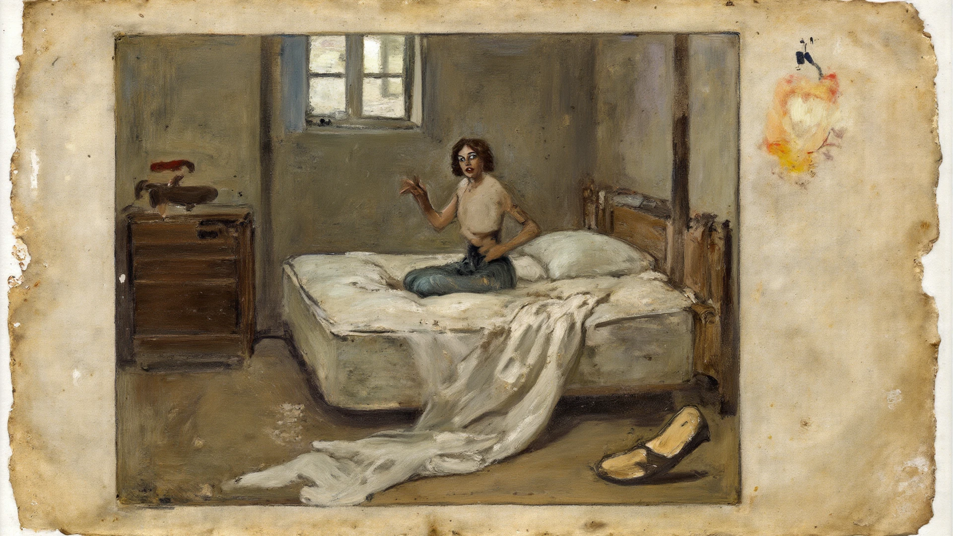 <lora:carracci_pony_v1:1>  '  bed ' by carracci agostino in,nude painting \(nu\) \(genre\),baroque \(style\),  monochrome <lora:PegPetePony1.0:1> pegpete, 1girl, pink sweater, retro artstyle, score_9, score_6_up, score_7_up