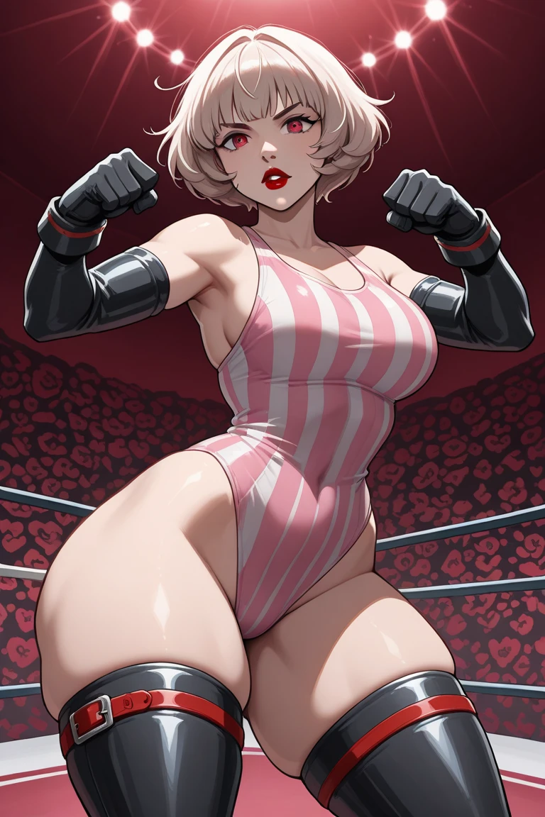 masterpiece, highest quality, (Highly detailed CG Unity 8k wallpaper), (highest quality), (Best illustrations), (Best Shadow), Confused, Realistic lighting, (abyss), Beautiful and delicate shine,victory,Random Pause,((Bare skin wet with sweat,Female professional wrestler)),Cute freckles on the cheeks,Mole under left eye,Cowboy Shot,Hair wet with sweat,A leotard-type wrestling costume with gorgeous decorations,pain,suffering,ring,Plump,Villain wrestler,A female wrestler with pink dyed hair,game,Being grabbed by the neck from behind,
