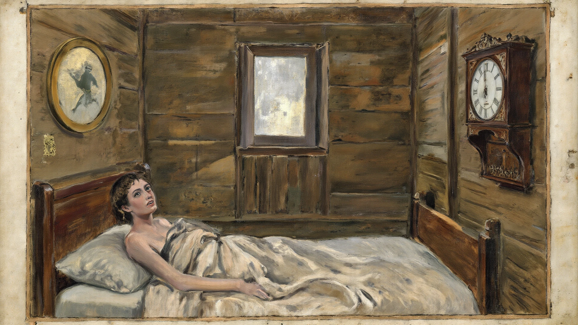 A hyper-realistic、Woman's bedroom at night with a large bed with closed dirty curtains due to a large amount of rotting internal organs, Rotten seafood, Manure and vomit scattered in contaminated, white, murky sewage swirl and flow on the charred floor of a crashed airliner、The only survivor, a fat woman in her 20s Japan、Contorting the face into a stench、Spit out a large amount of undigested food and internal organs with a look of anguish on its face