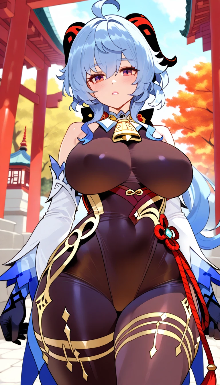 milf, 30 years old, (highres, masterpiece:1.2), white hair, robe, grey robe, huge breasts, thick thighs, standing, pelvic curtain, thighhighs, v-neck, strapless dress, blue eyes, expressionless, long hair, (layered dress, elaborate clothing, detailed clothing, detailed dress), ponytail, snow, forest in background, blue dress, cape, sword, holding sword, holding weapon