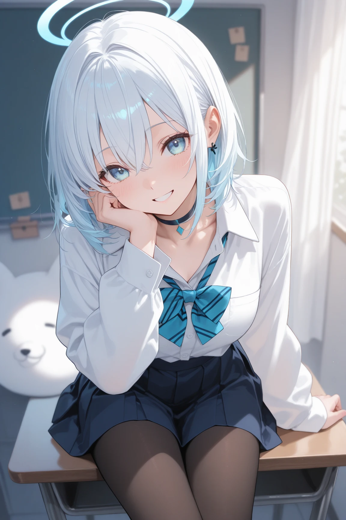 (high quality, 8k, 4K, High Contrast, masterpiece:1.2, 最high quality, Best aesthetics), Beauty, Maid, Very detailed, Seductive and erotic girl with lace headdress, smile, (Light blue hair, Bobcut), Focus on the face, Focus on the face, Complex eyes, Black knee-high socks, coffee shop, Low angle shot, Viewer looking up,