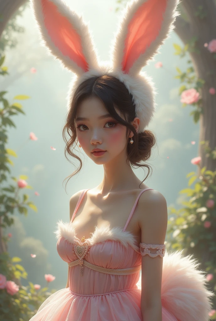 A Cute Girl with white skin, sexy young body, size (small), chubby, short hair (up to the shoulders) red and wavy [with black tones], shades of red [bright], bbwchan, big breasts, white peasant clothes, round face, with a rabbit, realistic lighting, Radiosity, in a woods, Close Up.