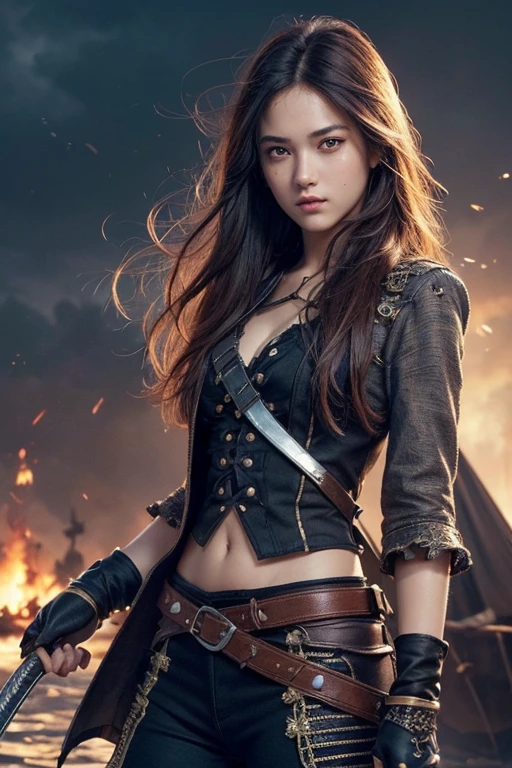 (Ultra quality:1.2), (Ultra detailed:1.2), (Ultra detailed clothes:1.2), (Ultra detailed face:1.2), (Ultra detailed eyes:1.2), (Ultra detailed body:1.2), (Ultra detailed weapons:1.2), young pirate girls, torn clothes, different hair colors, sword fights, battlefield in the background, fire in the background, night, full image