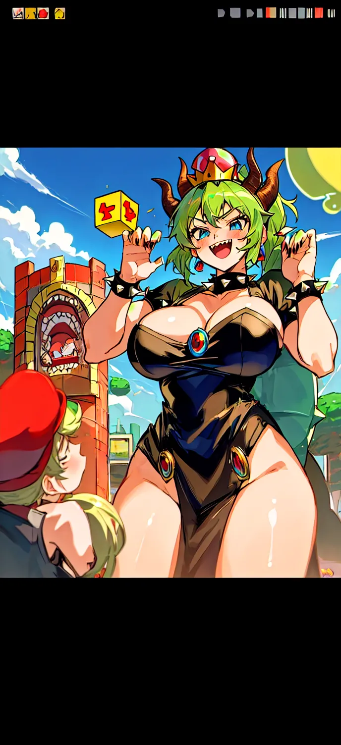 Bowsette, into a volcano lava bath, seductive position, sexy, sweating body, sensual look, intense look, sensual smile, detailed face, black dress. Masterpiece, UHD, ultra detailed