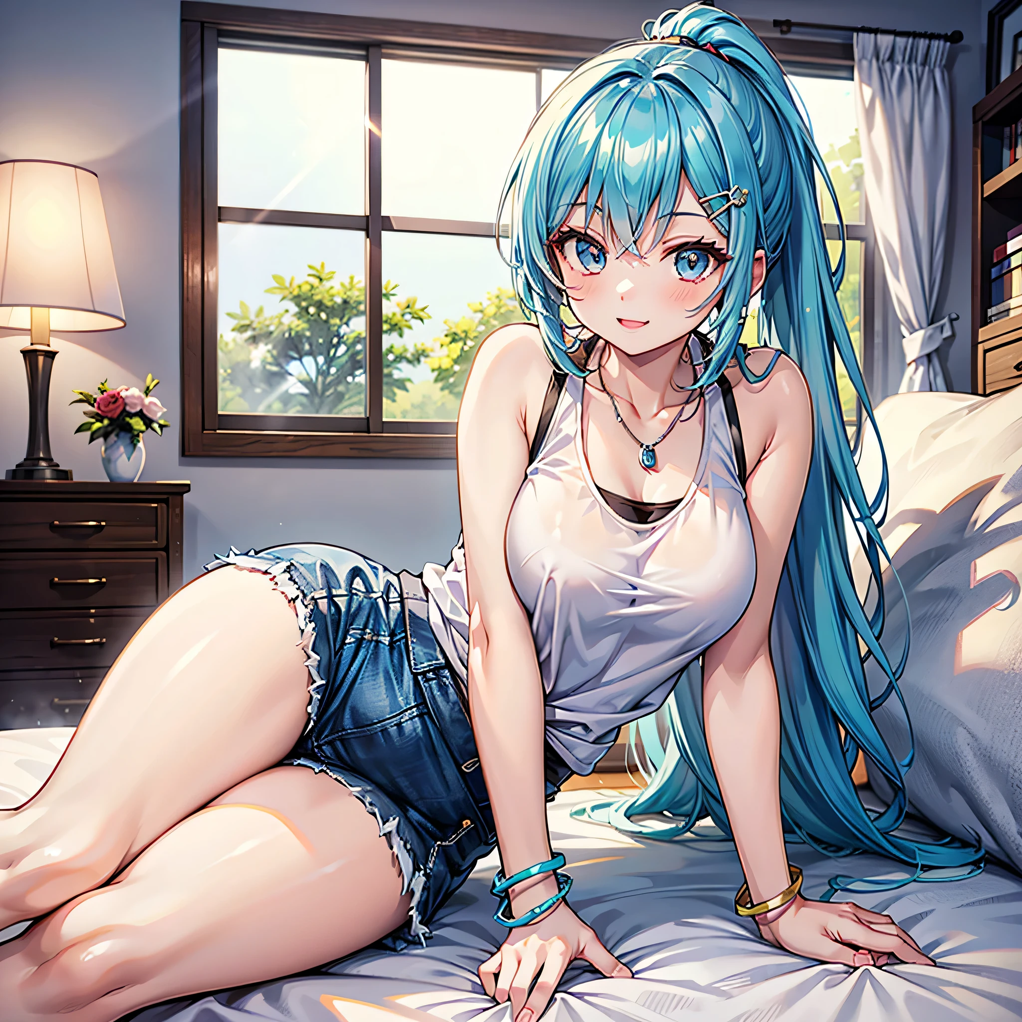 Create a high-quality, detailed image of a beautiful, anime gamer girl with long hair, bright blue eyes, and a smile, sitting at her gaming PC in her gaming room. She is wearing a see through tank top, barely showing her nipples, and sleep shorts, showing her midriff, highlighting her stunning curves. The warm, inviting scene includes soft ambient lighting, comfortable seating, The setting is illuminated by a small lamp, creating a serene and intimate atmosphere