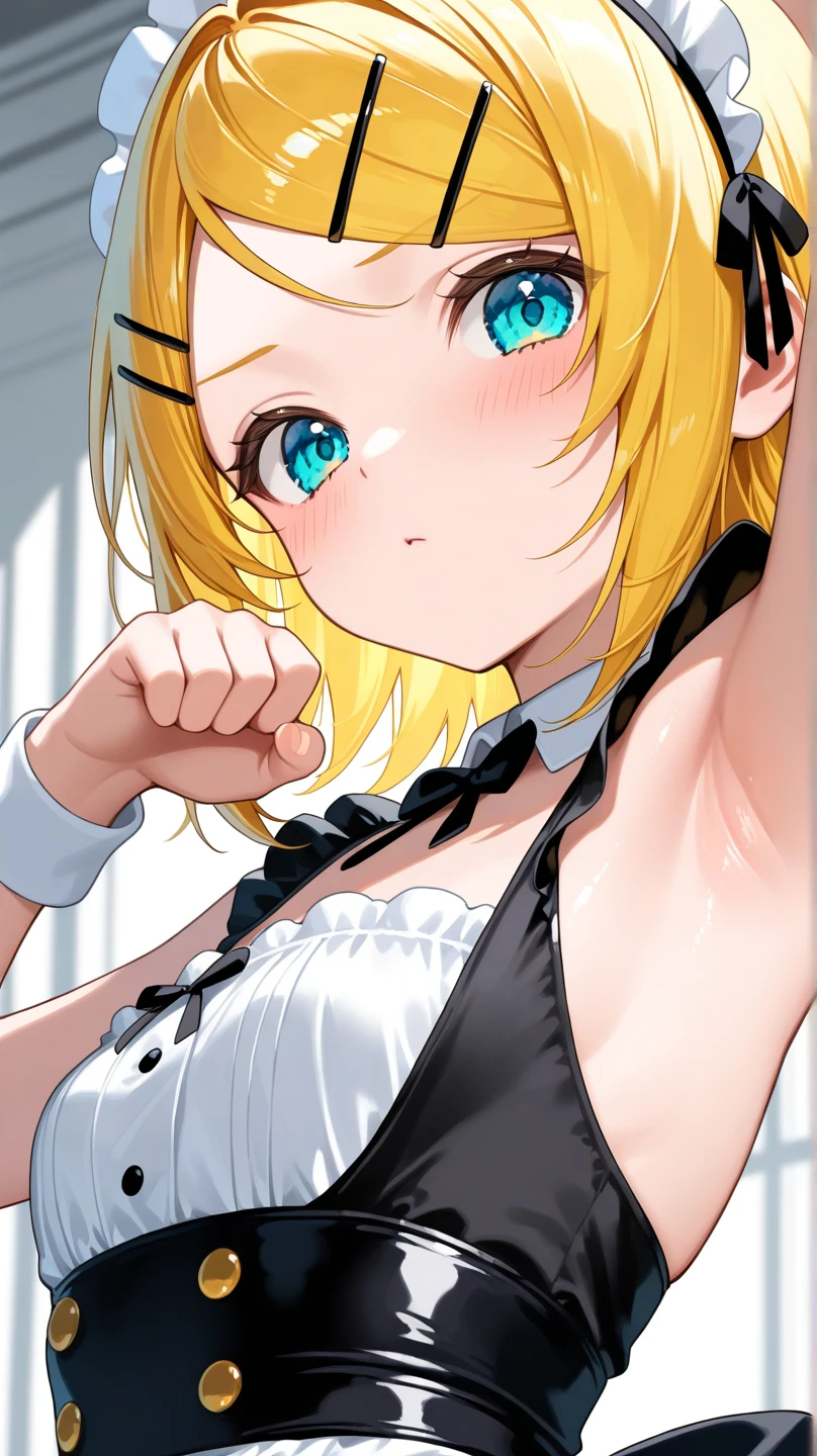 masterpiece, absurdres, best quality, ultra detailed, high Resolution, detailed illustration, bright colour, (extremely beautiful detailed face and eyes, Delicate beautiful face, 1 girl, cute face:1.3), (magenta eyes:1.1), sparkling eyes, big eyes, medium breasts, (perky breasts:1.1), (pointy breasts:1.1), medium hips, glamorous body, white skin, BREAK, long bob cut, (blonde hair:0.8), messy hair, detailed hair, shiny hair, BREAK (strapless mini training wear, down blouse:1.5), perfect lighting, (embarrassed:1.5), (ecstasy, vulgarity:1.5), (trembling:0.8), (View from below:1.5), dance training,