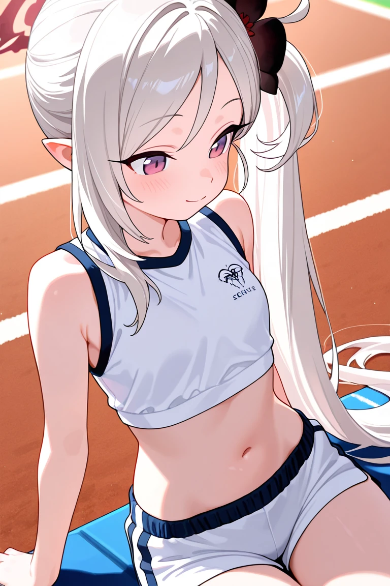 gym storeroom，1girll，tmasterpiece，The best quality，Very delicate long white hair，Red pupils squatting on the ground