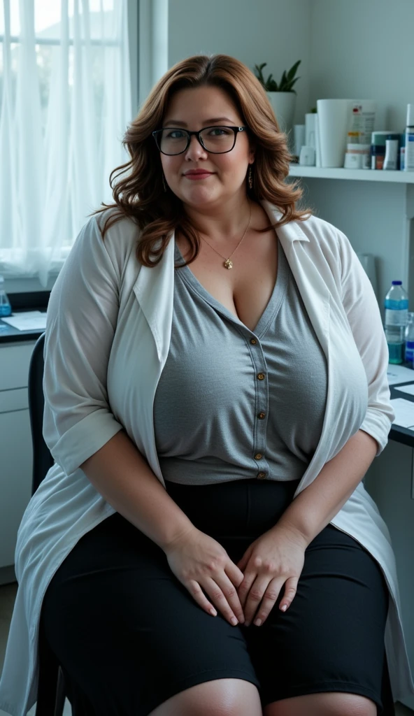 Forty-year-old woman, South American, fat and obese, shaking, terrified, screaming, crying, large fogged glasses, wearing silky shirt, unbuttoned, white low-cut, with very large flowers, dirty, white panties, brown hair, badly combed eighties curly, round face with freckles, slapped and flabby, downcast, sad look.
