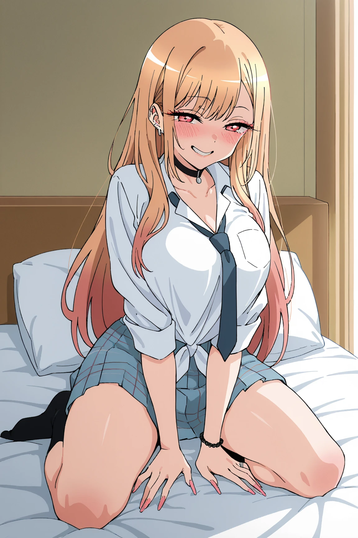 (masterpiece,best quality:1.2,amazing quality,very aesthetic,absurdres,newest, realistic ),official style,(Kitagawa Marin,  I'm a bisque doll wa koi wo suru),1woman,(adult:1.2),(very small head:1.2),(ideal ratio body proportions:1.2,slender body:1.2,skinny :1.2),long hair,medium breasts,shy,sweat,school uniform,pleated skirt,shiny skin,futon,Messy Japanese-style room,