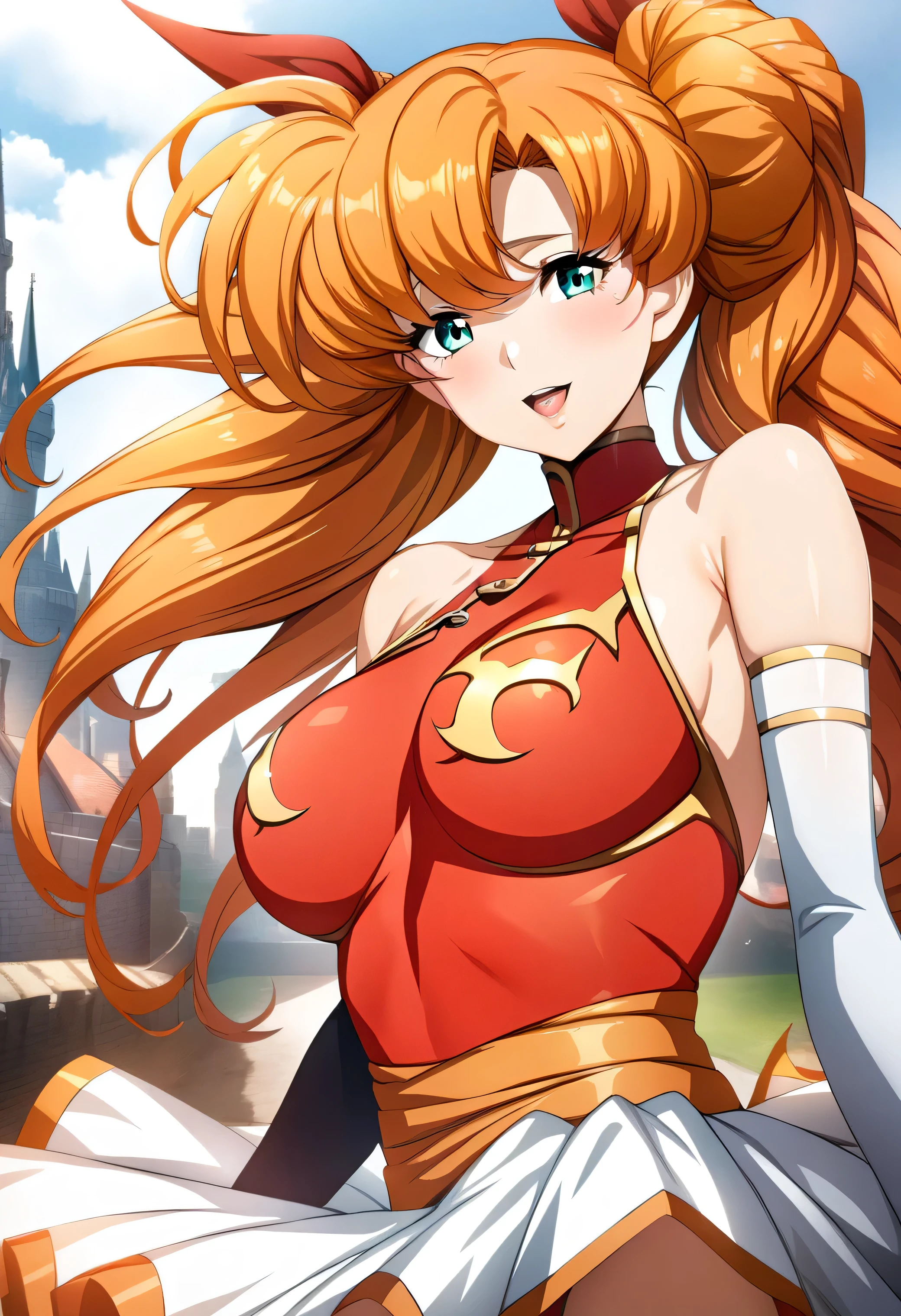 Raphtalia woman 35 years old straight floating golden blonde hair , rounded bear ears, red eyes like ruby, traje de superhéroe blanco. pecho descubierto, capa azul.
