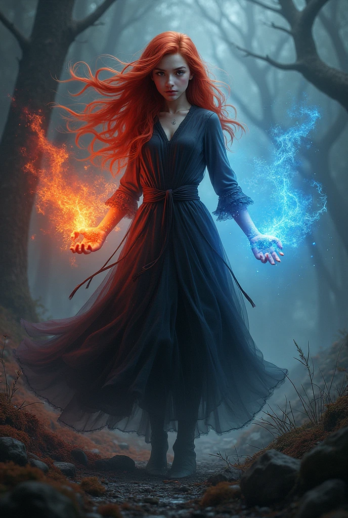 photo of a sun wukong, left hand grasp a chain with ice effect, right hand grasp a chain with fire effect, she wearing a victoria period with red and light blue color, long red hair, blue eyes, the chain made from steel and it floating in the air, big chain, focus on chain