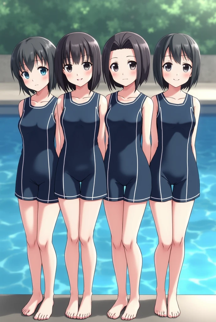 Highest quality,masterpiece,Black Hair,Classmate,School swimming pool,Teasing and teasing the boys,Friendly,Old school swimsuit,Accentuate your breasts,14 years old