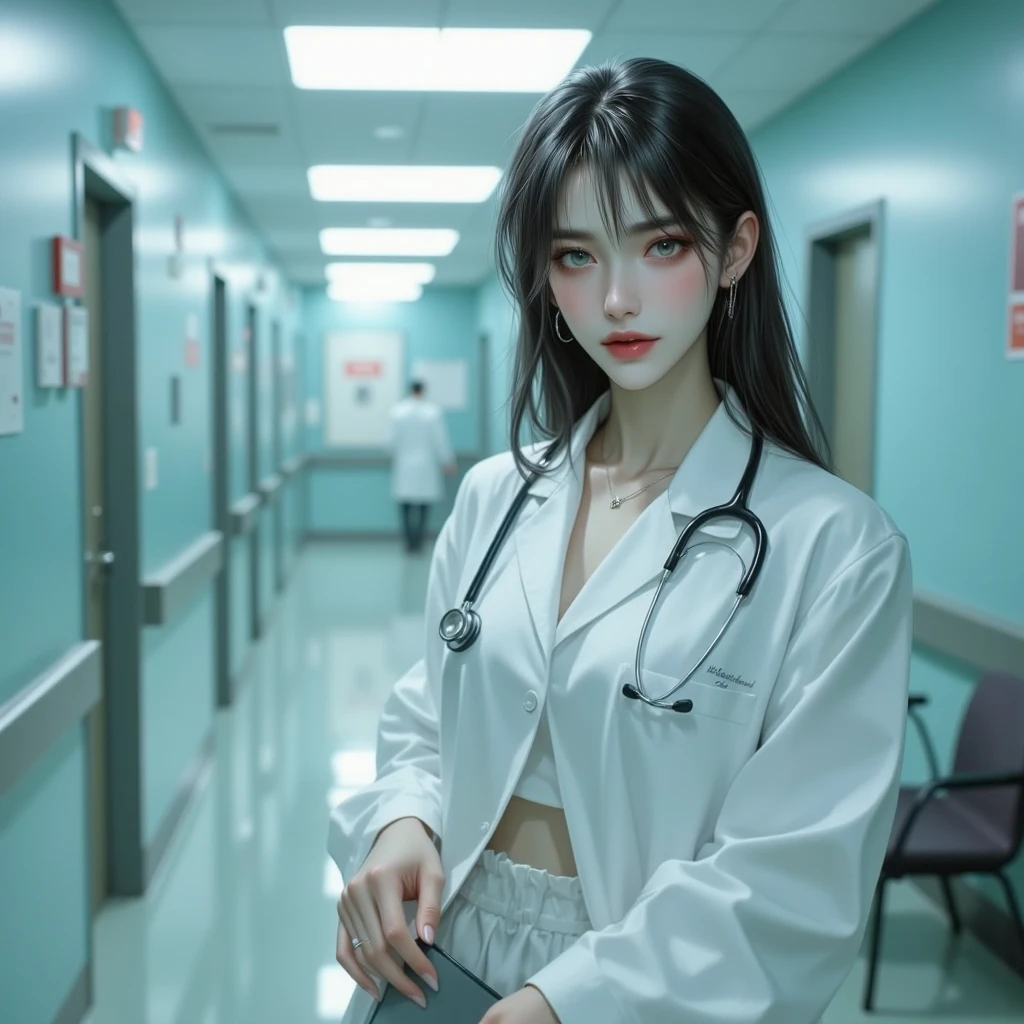 a picture of vampire nurse in a dark hospital, goth hospital, exquisite beautiful nurse, ((full body shot: 1.5)), ((anatomically correct: 1.5)), (ultra detailed face: 1.2), pale skin, dynamic hair style, dynamic hair color, wearing white silk nurse, small cleavage, nurse robes, white skirt,(holding blood transfusion bag: 1.3), BloodSoakedAI, goth hospital background, dark fantasy art, goth art, Hyperrealism style, vibrant, Ultra-high resolution, High Contrast, (masterpiece:1.5), highest quality, Best aesthetics), best details, best quality, highres, ultra wide angle, 16k, [ultra detailed], masterpiece, best quality, (extremely detailed) RAW, BloodSoakedAI, vampire teeth