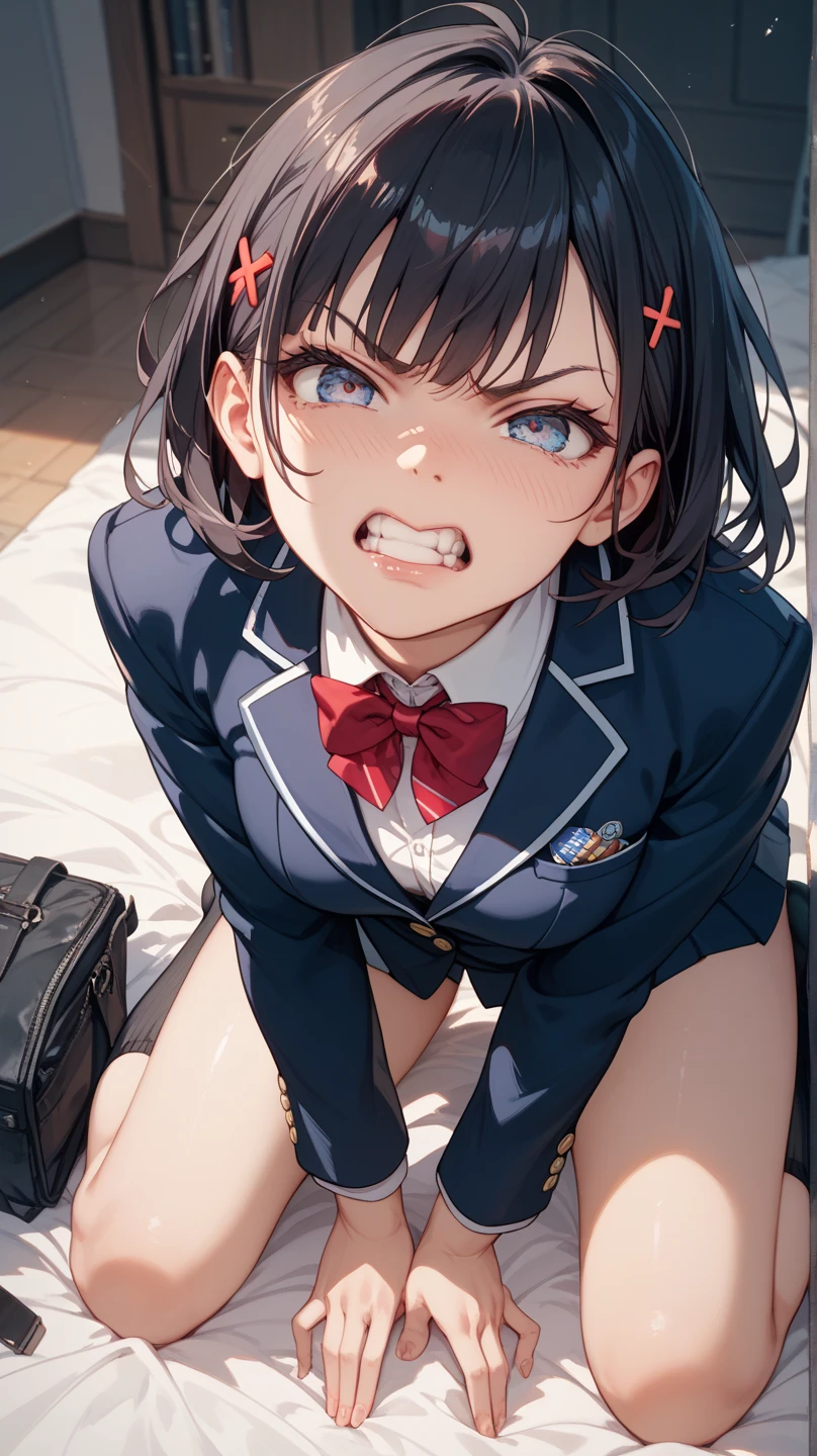 ((1 Beautiful Beautiful Girl)),(((detail portrayal))),(((Dark brown medium hair:1.6))),(((Straight hair))),(((Red ribbon on back hair))),(((Side Up Hair))),(((a small face))),(((Less bangs))),(((Trimmed bangs))),(((Brown eyes))),(masterpiece)), (((drooing eyes))),((top-quality)),((Vivid light and shadow depiction)), (The ultra-detailliert), ((kawaii)), cute little, (Detailed body line depiction), ((detailed face depiction)),((ighly detailed)), (8K), top-quality, (Beautiful fece),(((World-class quality))), ighly detailed, hight resolution,(((Anime filling))),(((large udder:1.3))),(((Wearing a dark blue blazer over a white cutter shirt))),(((Knee-length dark blue pleated skirt))),(((Lie on the bed and open your legs))),(((de pele branca))),(((Luxury hotel bedroom with large windows and night view))),(((full of sweat))),(((Composition seen from the front))),(((Composition seen from above))),(((Looking down))),(((Put a used condom in your mouth))),(((detail portrayal))),(((Detailed body depiction))),(((Gray sober panties))),(((Holding a stack of banknotes in your hands))),(((deadpan))),(((Twisting the skirt))),