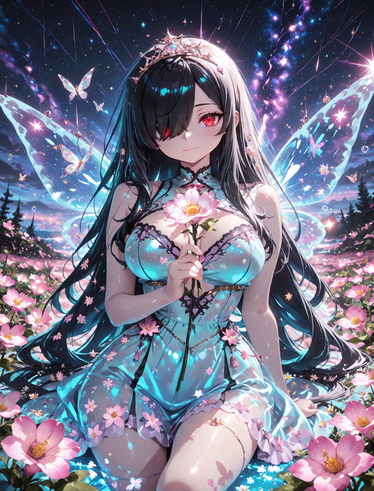 1girl, Kuroki Monika, black hair, very long hair, hair over right eye, red eyes, large breasts, (petite but curvy, very cute),
, floating in a sea of stars, long flowing hair shimmering like moonlight, glowing galaxy eyes, wearing an ethereal translucent kimono made of constellations and nebula dust, surrounded by magical butterflies of light, soft ambient glow, bioluminescent particles, star trails swirling around her, peaceful expression, cinematic lighting, dreamy color palette, ultra-detailed face and hair, masterpiece, 8k, artstation, beautiful face, beautiful eyes, beautiful hair, best quality, look at viewers, (floral tiara), ((blooming flowers)), ultra detailed, perfect light, , purple world, misty, bubble, fantasy, transparent jewel, transparent crystal, light, glow, shine, shining, holding flower, dynamic pose, dynamic shot