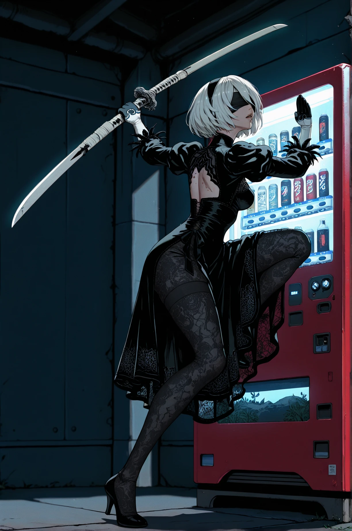 Epic CG masterpiece, hdr,DTM, full ha,8K, ultra detailed graphic tension, dynamic poses, stunning colors, 3D rendering, surRealism, cinematic lighting effects, Realism, 00 renderer, super realistic, Super view, super wide Angle, HD
blury background,automata inspired、Nier Automata Characters、Nier Automata Cosplay、(High Resolution、4K、highest quality) Inspired by Nier、A girl in a black outfit holding a sword: Automata。Girls、((Both eyes are completely covered with a black blindfold.))、Delicate and beautiful silvery white short hair、Beautiful detailed lips、And has a highly detailed face with fine skin texture。,The girl&#39;s black outfit is made of shiny leather material.、Gives a stylish and futuristic look。In his hand he holds a silver sword、Reflecting sunlight。The blade is intricately engraved、The craftsmanship shines through。Girl&#39;s hair blowing in the wind、Adds dynamic movement to the scene。The overall image is realistic and photorealistic.、Sharp focus and vibrant colors、Enhances visual impact。This artwork is from Nier : It captures the essence of Automata.、It pays tribute to the iconic character 2b.。,
depth of field,
black Spider Man costume,1gir, 独奏,lips, (shiny skin:1.5)skin tight,grey eyes,
spider web print,
