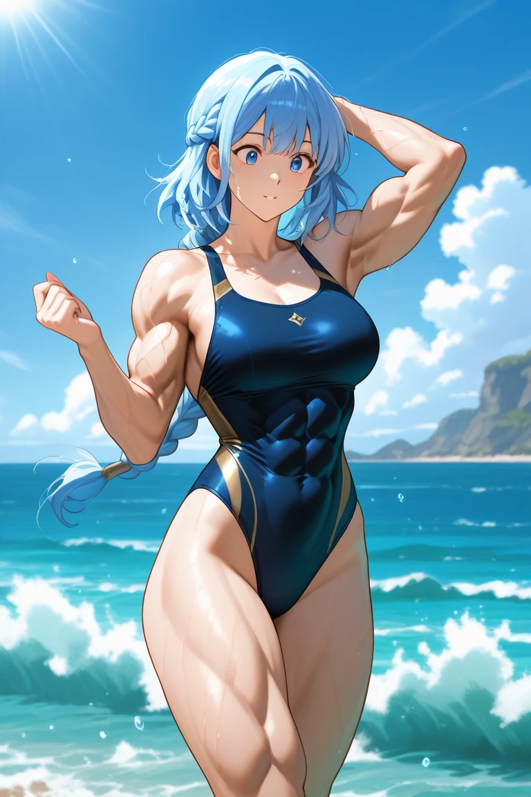 (((masterpiece、Highest image quality、highest quality、highly detailed unity 8kwallpaper)))、((Illustration of one girl))、(((beautiful girl)))、((light blue hair、short hair、red eyes))、(((tall、stocky build, thickset physique, muscular legs, broad shoulders, solid chest:1.3)))、swimsuit、Poolside