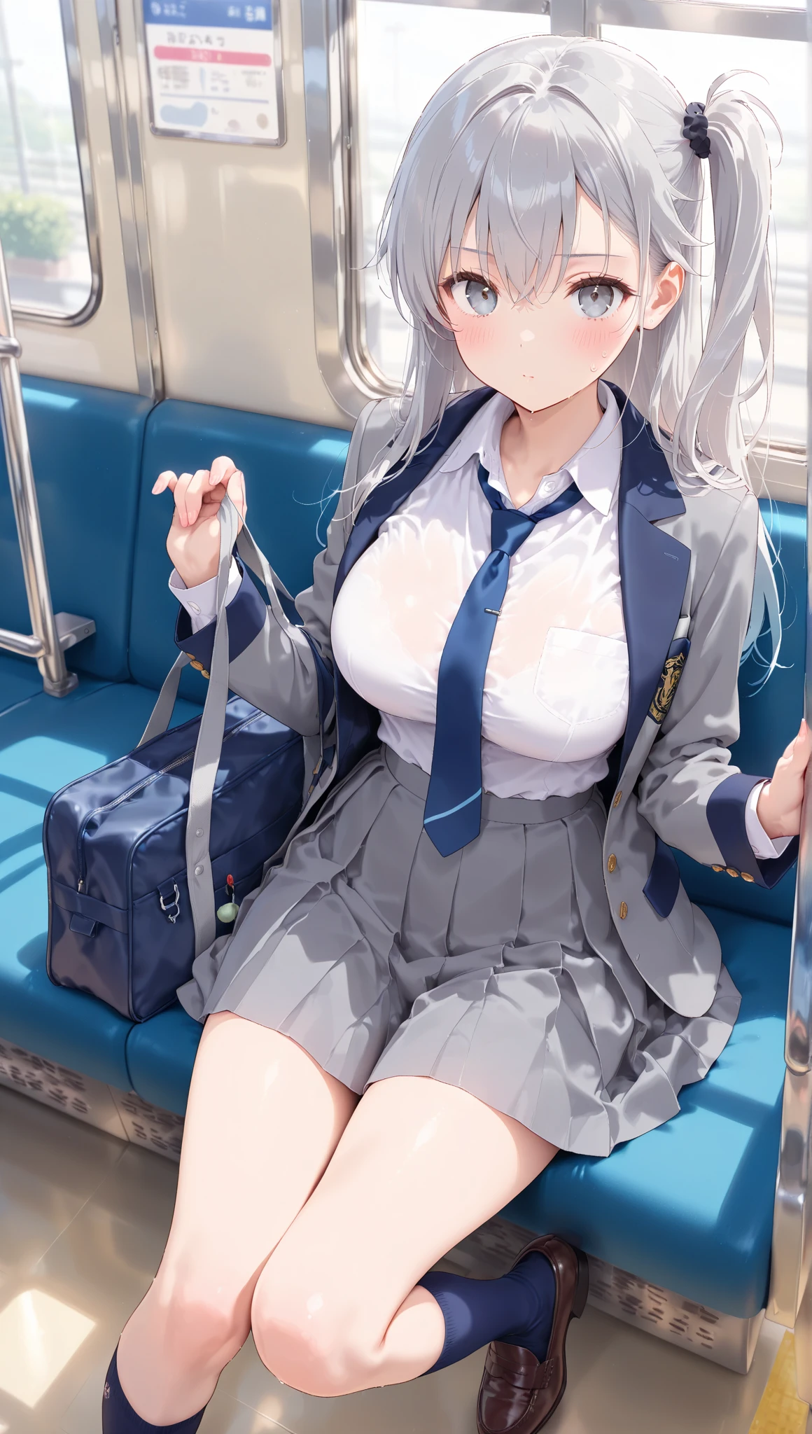 (8K、Highest quality、highest quality、masterpiece)、Detailed face、One girl、ONE boy、Ayanami、No corners 、long hair、、blunt bangs、Grey Eyes、、、((Blazer jacket))、((White shirt))、((Pleated skirt))、((No panties))、((bent over))、on the train、Standing in front of the train door、Sticks to the door glass、((Pressing her chest against the train window 1.6))Spread your legs、Very large breasts、Nipples are visible、、Black Pantyhose、Milk dripping from nipples、Milk spurting from the nipple、、Open your mouth、Troubled face、Close ~ eyes、Love juice、Full body portrait、Masturbation、Put the vibrator in the crotch、Black Loafers、dildo in pussy