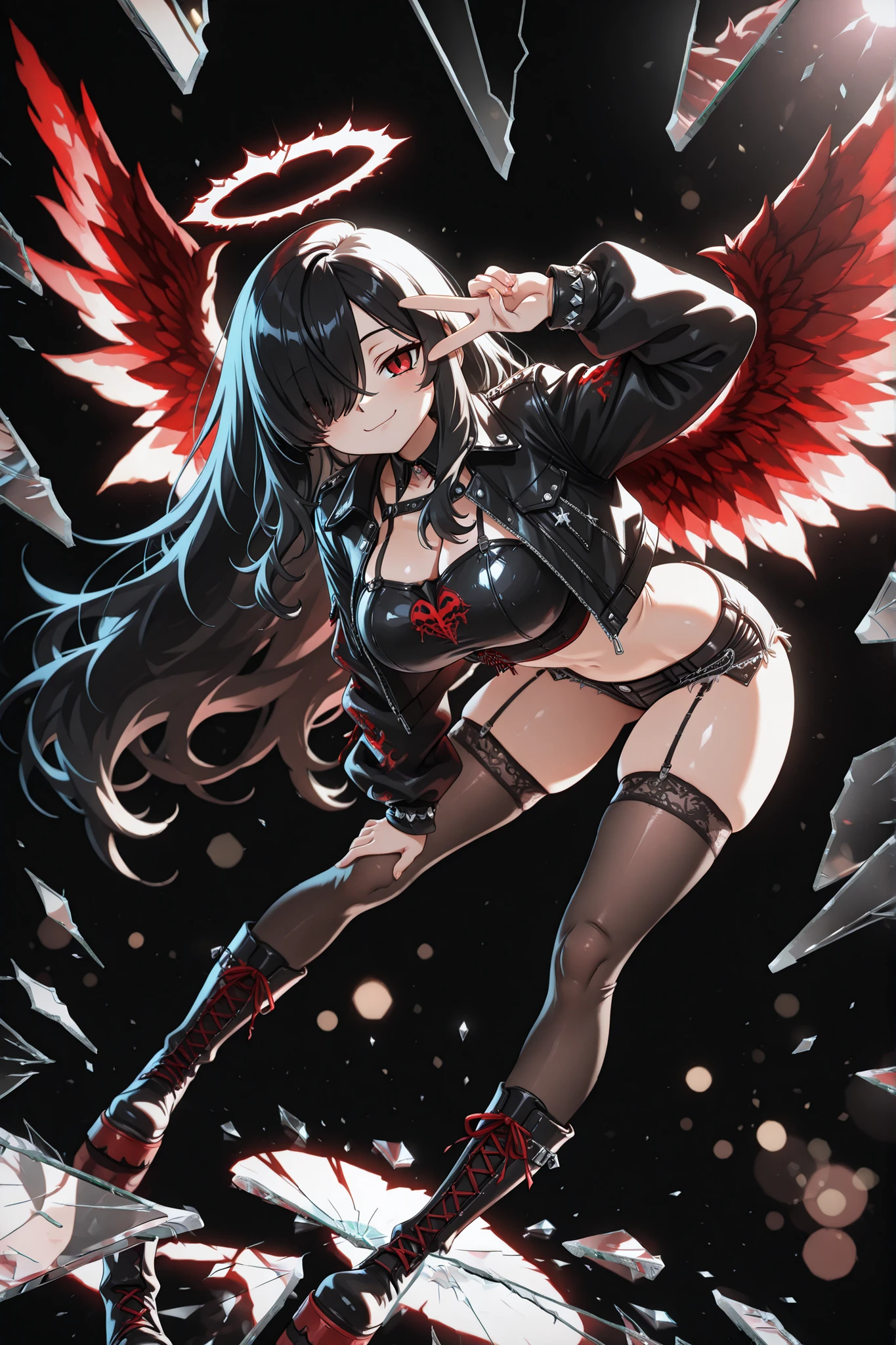 1girl, Kuroki Monika, black hair, very long hair, hair over right eye, red eyes, large breasts, (petite but curvy, very cute),
Dark angel, black and red angel wings, bent forward, v , v over eye, one hand on thigh, crop top, punk jacket, open jacket, micro shorts, knee high boots, stockings, cheeky smile, broken glass, dynamic shot, dynamic view, (dynamic angle), (dynamic pose), (glass shards, reflection, broken glass), bokeh, glittering, sparkling, (((black background)))