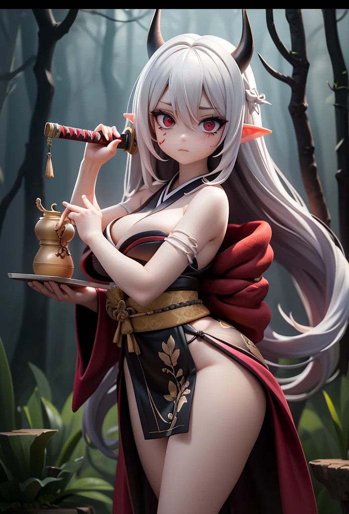 best quality, masterpiece, 1girl, upper body, origen, (red) horns,tobacco pipe