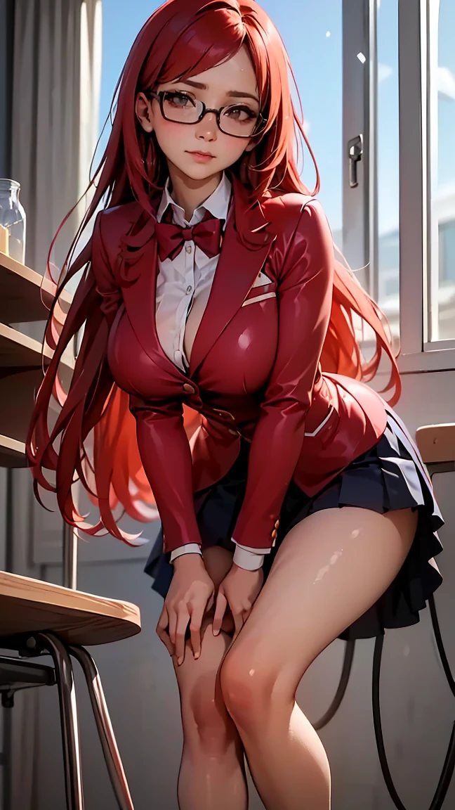 ((Best quality)), ((perfect masterpiece)), (detailed: 1.4), (Absurd),  , (nsfw: 1.06), 1nudegirl, solo, accentuated super huge enormously gigantic nude breasts, looking at viewer, (long neon red hair, bangs, beautiful eyes, neon red hair:1.2), white thigh high socks, sexy, seductive, (lying), gigantic nude breasts showing, lifted plaid school girl skirt, full body , nude hairy pussy showing, Perfect nude hairy pussy showing, indoors, spread legs open, gigantic nude breasts showing, glossy lips, nude hairy pussy showing, pubic hair showing, school classroom, realistic, horny, on the floor, sex appeal, cute, photo taken from above, (lifted plaid school girl skirt, armpit bottom, tattoo sleeves and piercings, horny facial expression, very sexy, sexy seductive slutty pose, full body, legs spread open)