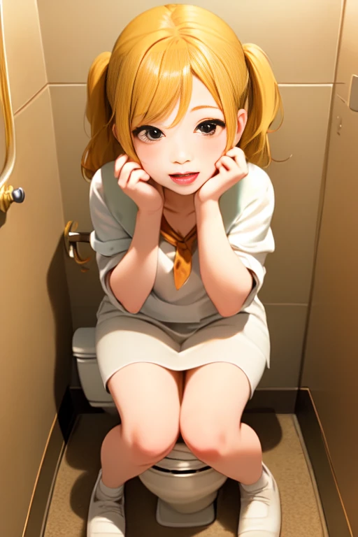 The yellow-haired loli half-knelt on the toilet and took off her skirt