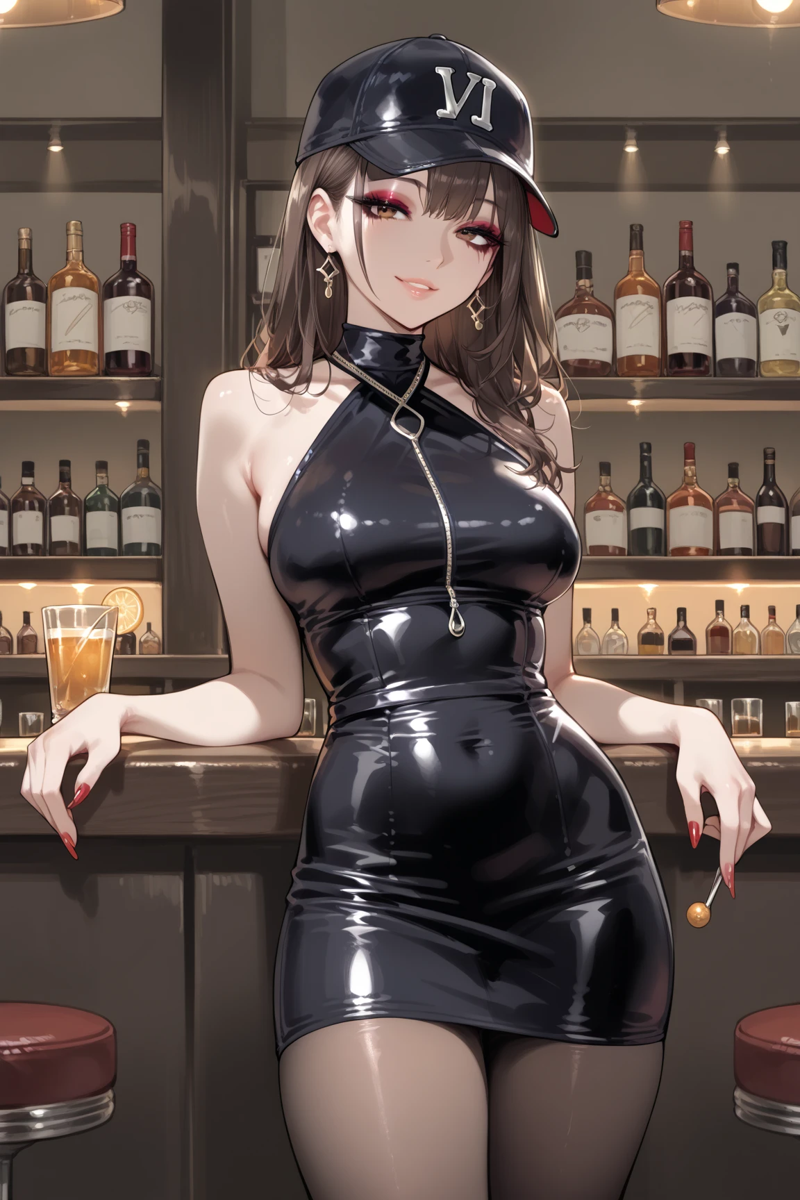 creates a 24-year-old anime girl with a gold-colored gala dress and a miniskirt with wide hips and breasts in a landscape of a luxurious and famous party hall