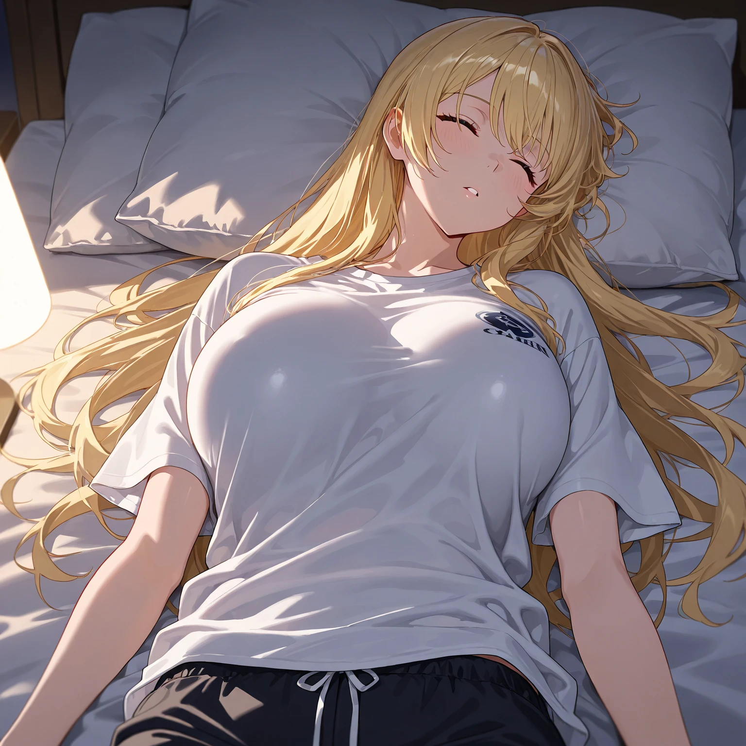 ((masterpiece)), (Highest quality), (detailed), (1 Girl),,Red eyes,Light brown hair、Long Hair、Wolf Ear、,bed、Large Breasts、blush、T-Shirts(tight)Maxi Dresses