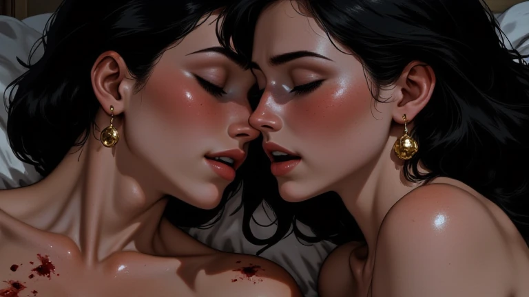 a sexy girl lying down, brown hair, blushing, hair ornament, sexy, nude,, cum_in_mouth, cum_on_tongue, facial, bukkake (best quality, masterpiece, ultra detailed, illustration 1.2), (8K wallpaper), (beautiful eyes detailed 1.2), beautiful, amazing and detailed eyes, (detailed skin) between shadows, oil painting, chiaroscuro, sensual, dramatic lighting, moody atmosphere, photorealistic, intricate details, masterpiece, ultra-detailed, high quality, 8k, best quality, realistic, cinematic, dark and brooding, expressionistic, powerful composition, emotional impact, Bill Sienkiewicz inspired art