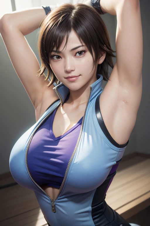 1girl, ((realistic)), ((photorealistic)),((high-res, masterpiece, best quality, cinema lighting)), masterpiece, best quality:1.2), upper body, solo, 1girl, smile, closed mouth, masterpiece, best quality, 4k, photograph, cinemtaic lighting, modelshoot, perfect lighting, perfect detailed face, professional photoshoot, smile,(((medium breasts))),((((asuka kazama)))),(((beautiful))), sleeveless, realistic, japanese female, arms up, armpits, armpits visible, sweaty armpits,muscular body