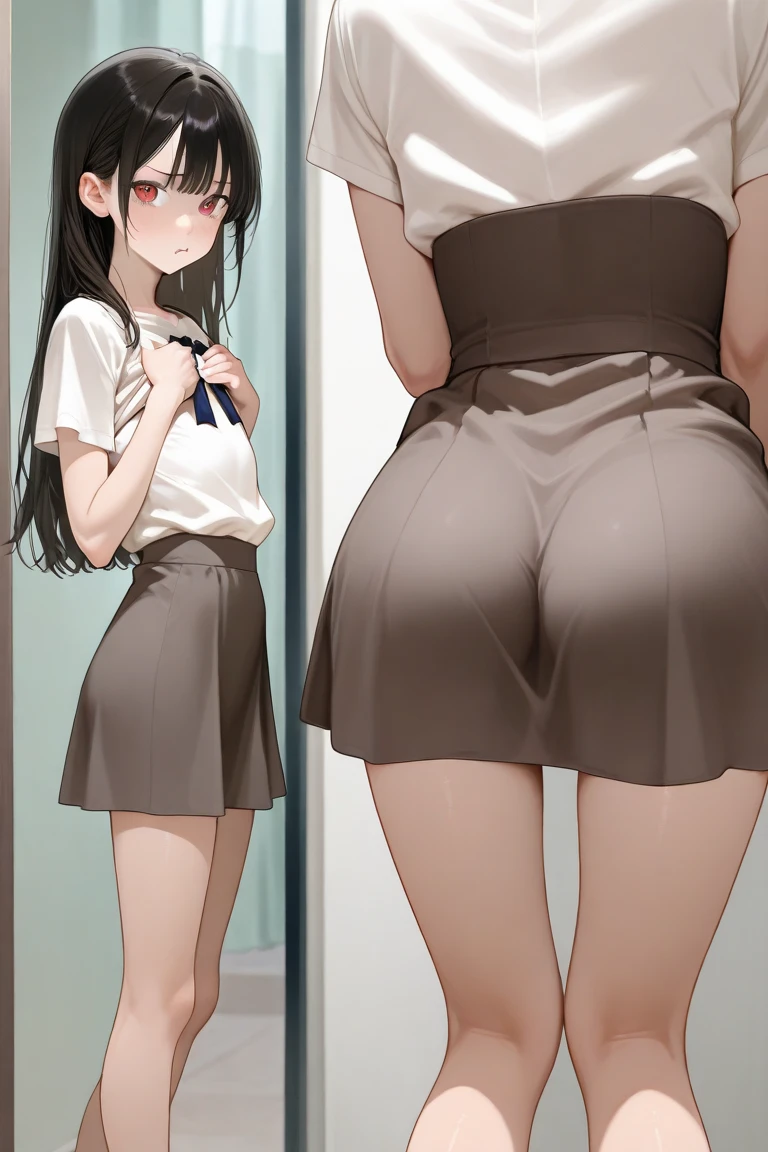 Best Quality, masterpiece, ((Solo, 1girl)), Komi shouko, fine detailed shiny eyes, medium chest, high resolution, best lighting, extremely detailed illustrations, blush, embarrassed, smile, open mouth, crotch seam, cameltoe, day, very NSFW, no bra, white shirt, very hot, extremely aroused, very small shorts, panty strings visible, thong strings visible, butt facing camera, view from behind,