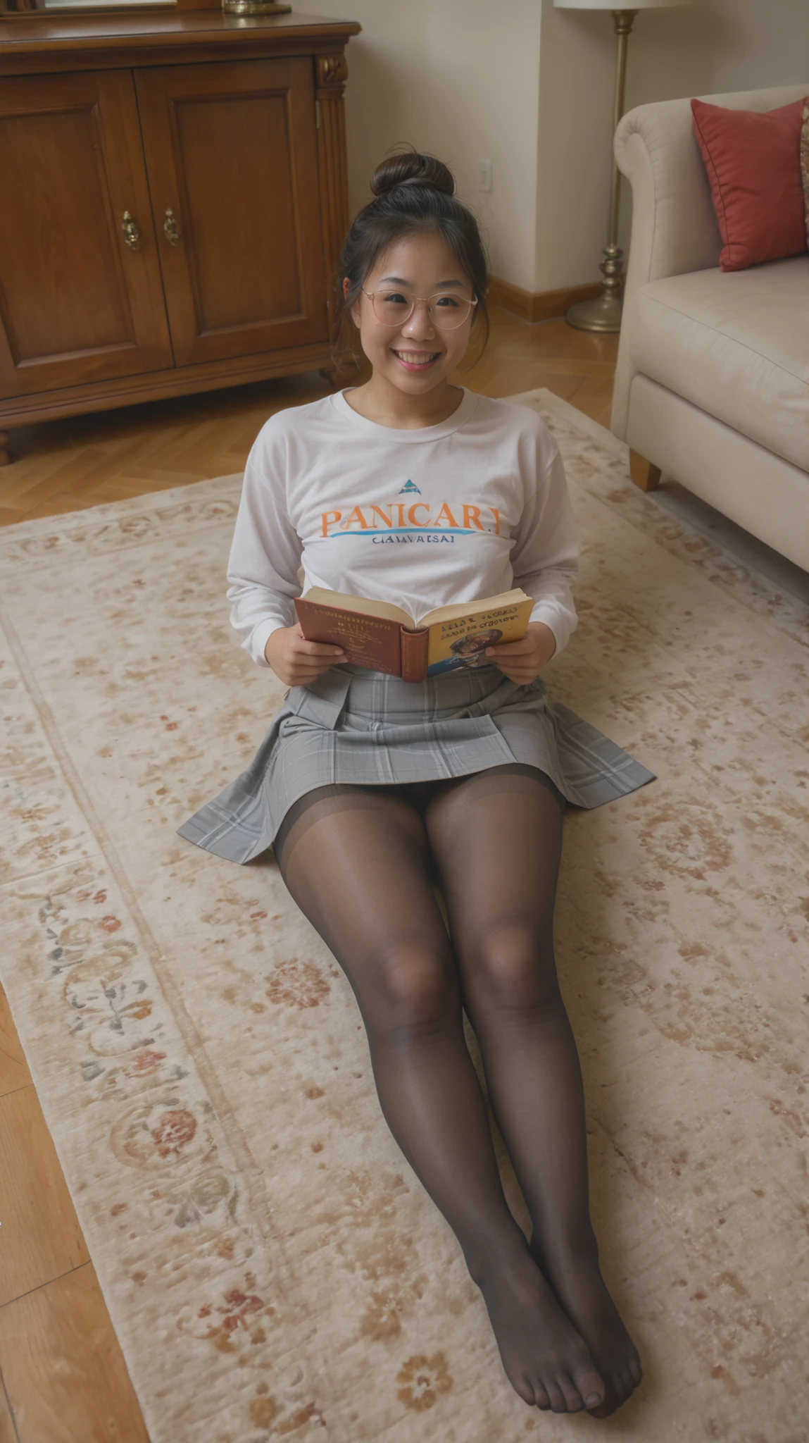Bright room、Ultra-high resolution、RAW Photos、8K、Detailed skin type、Age 22 years old、(New Bride)、Laughter、((blunt bangs))、((hime_cut))、((Sunny kitchen))、Big Breasts、(White Tight Shirt)、Black Hair、(Delicate illustrations drawn in detail)、((Grey Skirt))、((Sit on a chair in the Kitchen))、((Skirt Lift))、((Spread your legs))、((detailed design panties))、((Printed panties))、(Wear socks)、