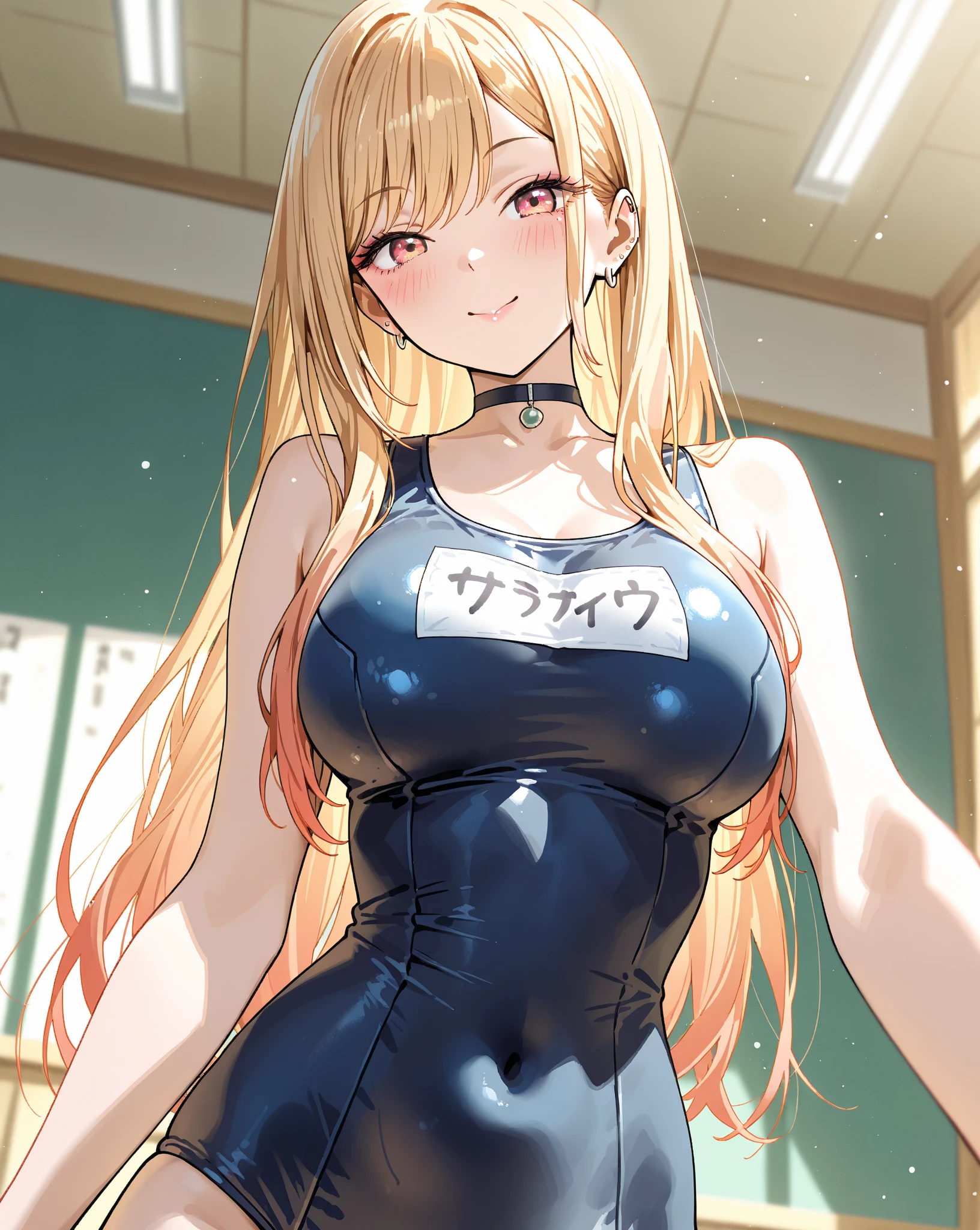 Highest quality,masterpiece,One person,Blonde,Twin tails,School Swimsuit,Large Breasts,smile,