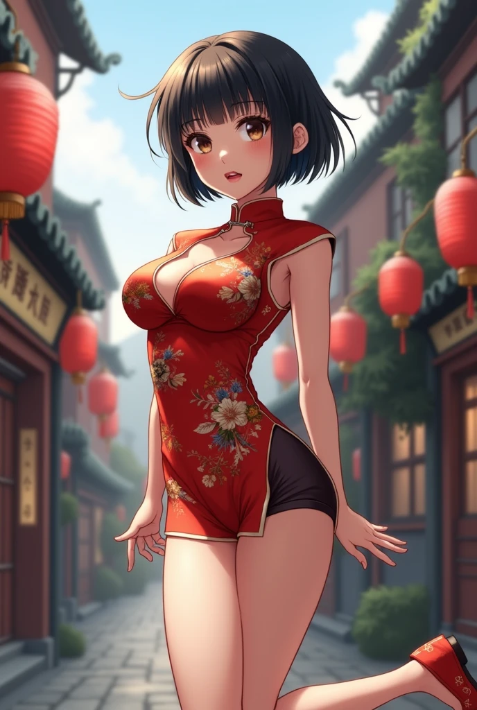 Period drama manga style A 15-year-old super beautiful Chinese young lady with black hair in a bun cut wearing a super shiny red long-sleeved Chinese dress She wears pants with a zipper over her private parts