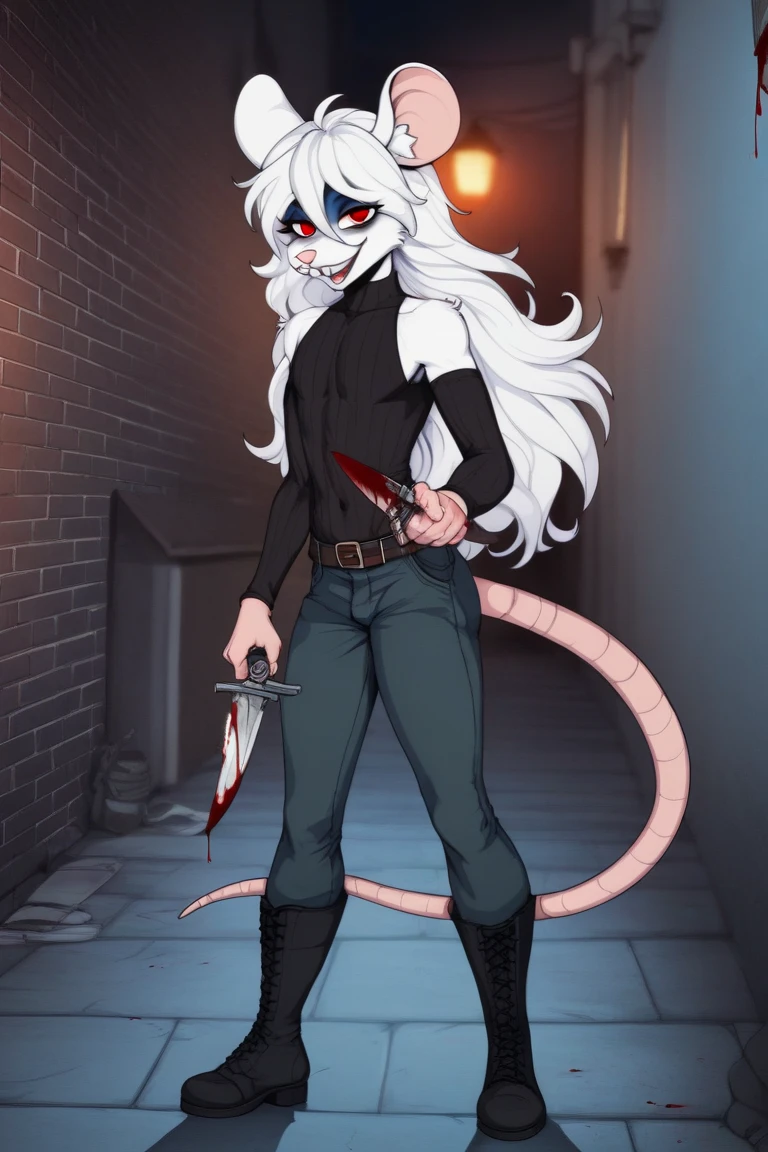 Loona from Helluva Boss, female white wolf, anthro, mature adult, short fluffy white hair, grey eyes, butcher apron, green long sleeve, green cargo pants, black boots, covered in blood, standing, cold serious, detailed, solo, beautiful, high quality, 4K