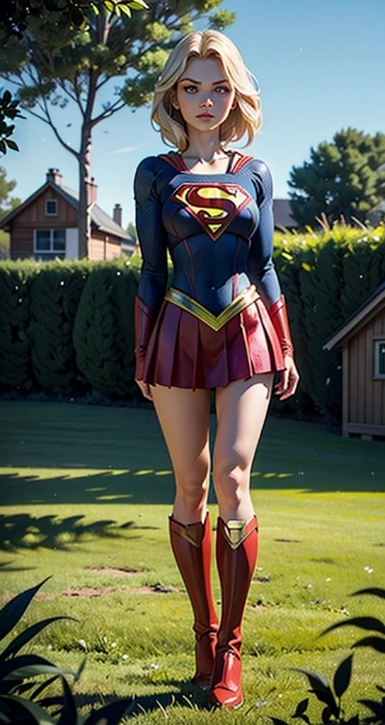 photos D&#39 :  sexy brunette, tall and slim. she wears a red supergirl costume. she is standing ,we can see her entirely. she smiles. she is outside in the middle of a field of green grasses The sky is blue.