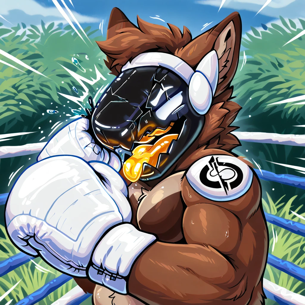 Super muscular adult male boar beastman,Blindfold,(wear a sports uniform:1.5),Some guys cum in my face,(Surrounded by red and black erect penises:1.2),(a large amount of semen on the face and body,:2),night,Outdoor,Handjob,(Licking a huge red and black penis),(Nipple ring piercing:1.2),Head grabbed,Brown fur,Black hair and beard,Deep Throat