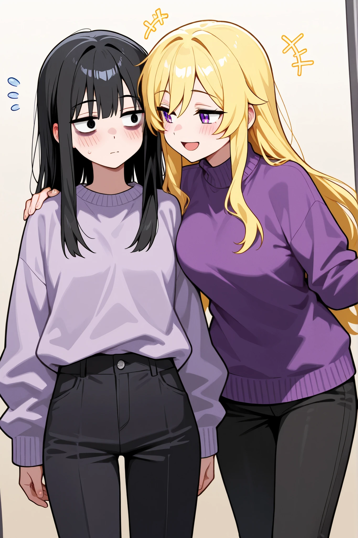 In a purple hoodie、Wearing a black short skirt、Wearing black socks、wearing black shoes。hair is black、Purple eyes。Breasts are K cup。The skin is white and、Long hair。Has one brother and one sister。My sister has an E cup。All in purple hoodies。All hair is black。My brother is wearing black pants.。