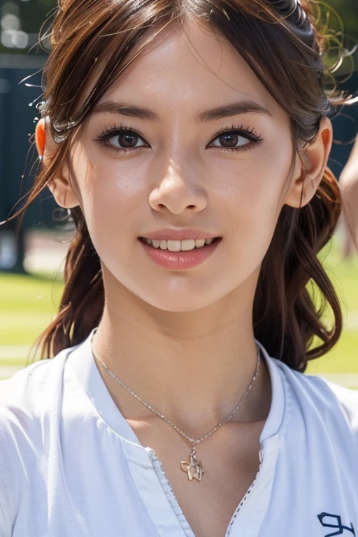 one girl, (a beauty girl, delicate girl:1.3), (16 years old, gal:1.3), (green sports wear:1.2), very fine eye definition, (symmetrical black eyes:1.3), stare at the camera, A big smile, show teeth, (trackfield view:1.2), small breasts, brown short hair, girl, (eyes and faces with detailed:1.5), (masterpiece, best quality, ultra detailed, detailed face, 8k), Swayback stance