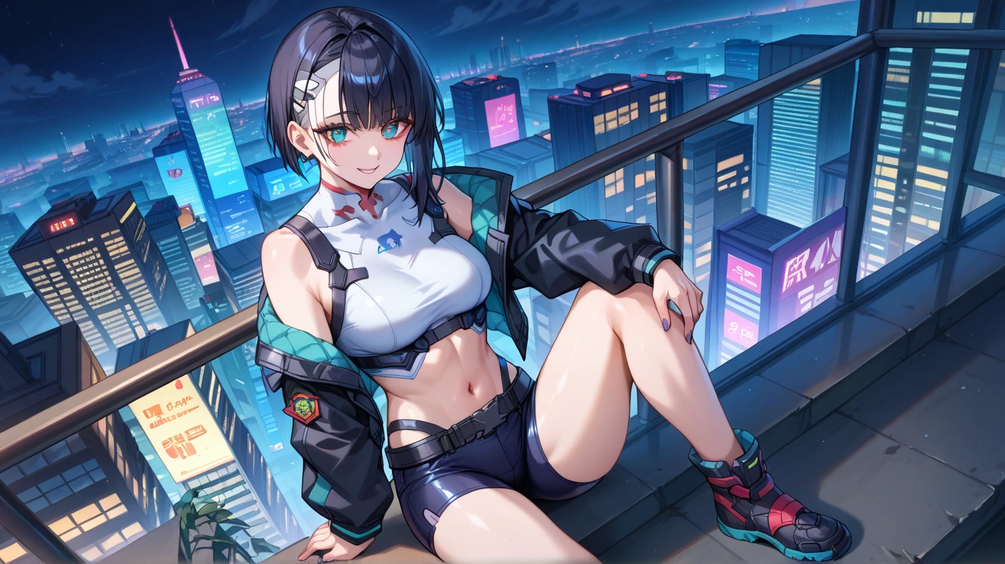 top-quality、Top image quality、​masterpiece、girl with((18year old、Best Bust、big bast,Beautiful purple eyes、Breasts wide open, Purple ponytail、A slender、Large valleys、Purple Sports Bra、Black jacket,Purple shorts,Red high heels、Reflecting the whole body、Purple Necklace、Red face、Slippery texture、Headphones on the head,Holding your phone in your hand、Flying drone)）hiquality、Beautiful Art、Background with((A city that shines at night)))、,masutepiece、visualart、depth of fields、