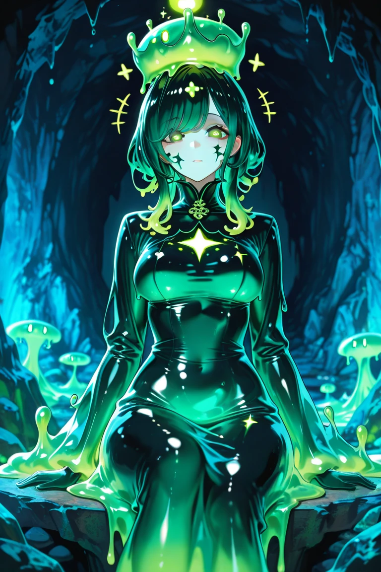 1girl, bangs, pink eyes, colored skin, dripping, lips, liquid hair, green skin, looking at viewer, nude, parted lips, short hair, slime girl, solo, upper body, green hair, liminal horror style, poltergeist vibes