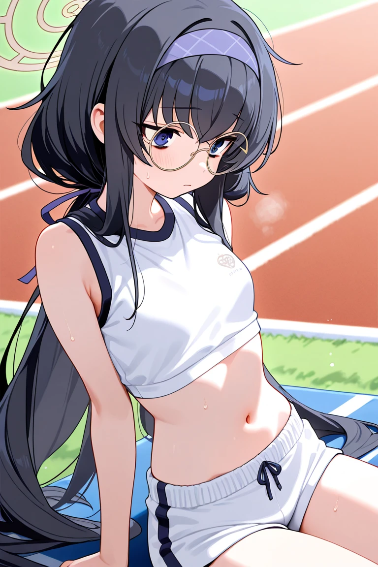 ((((((1 girl))))))(((Sunny schoolyard))athletics stadium)))、high school girl、(red gym shorts)、flat chest、small ass、sober、low length、((((long bangs hide the eyes:1.5))))、((freckles))、(((long black hair:1.4))) (((hair band)))(((black rim glasses:1.2 black eye)))、bevel、look at me、Standing position、